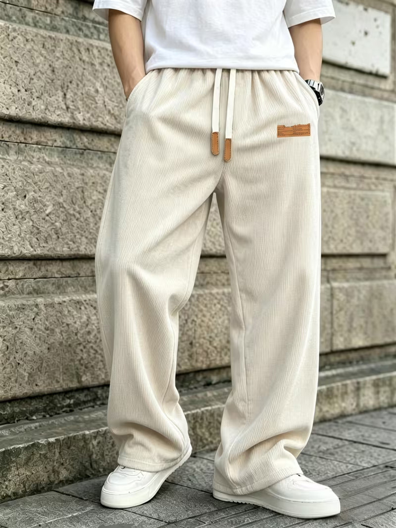 Men’s 3-Pack Wide-Leg Athletic Trousers – Elastic Drawstring Waist, Leather Tag, Loose Straight-Cut for Streetwear & Jogging---Buy 2 Get 15% Off & Free Shipping!