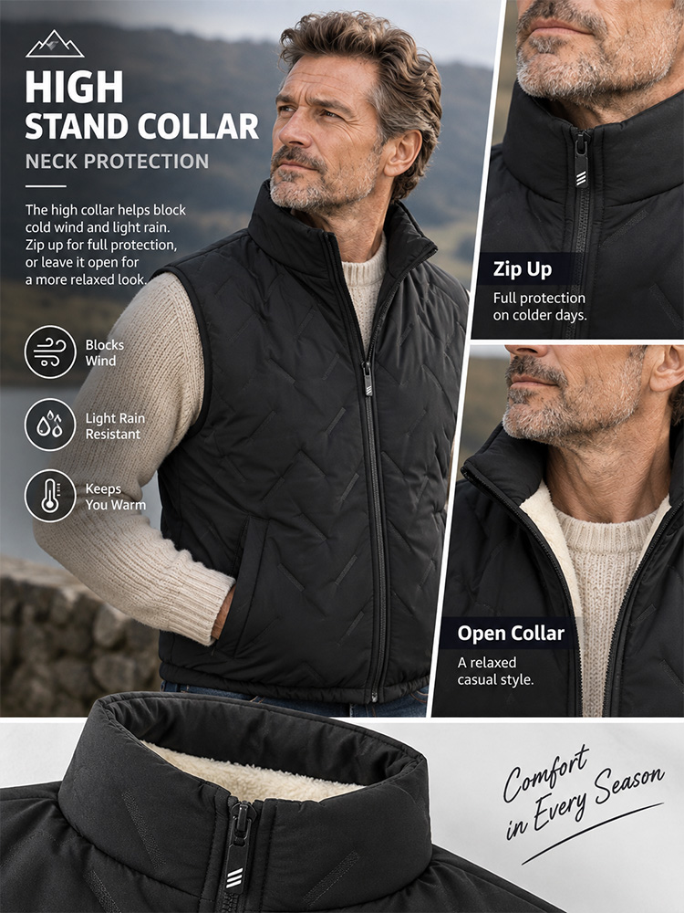 Men’s Fleece-Lined Winter Gilet – Lamb Wool, Stand-Up Collar, Ultrasonic Stitching, Regular Fit Layering, Warm Sleeveless Waistcoat for Autumn/Winter---Buy 2 Get 15% Off & Free Shipping!