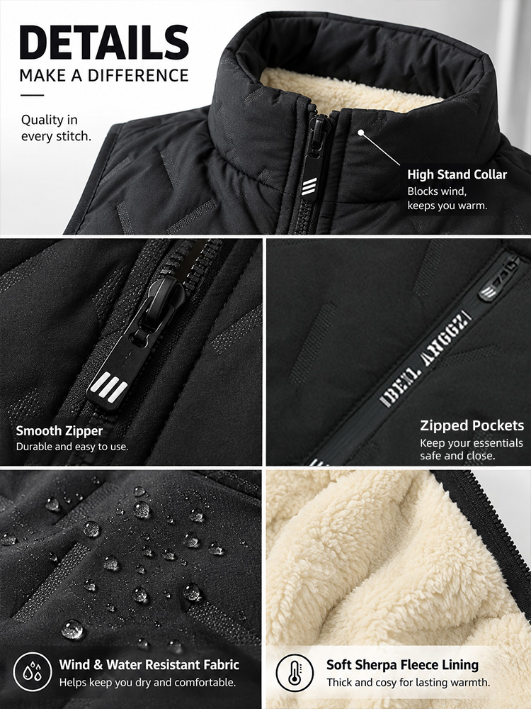 Men’s Fleece-Lined Winter Gilet – Lamb Wool, Stand-Up Collar, Ultrasonic Stitching, Regular Fit Layering, Warm Sleeveless Waistcoat for Autumn/Winter---Buy 2 Get 15% Off & Free Shipping!
