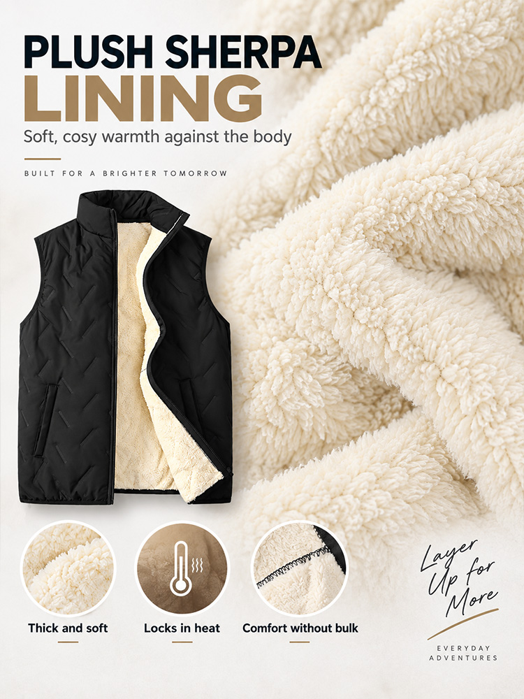 Men’s Fleece-Lined Winter Gilet – Lamb Wool, Stand-Up Collar, Ultrasonic Stitching, Regular Fit Layering, Warm Sleeveless Waistcoat for Autumn/Winter---Buy 2 Get 15% Off & Free Shipping!