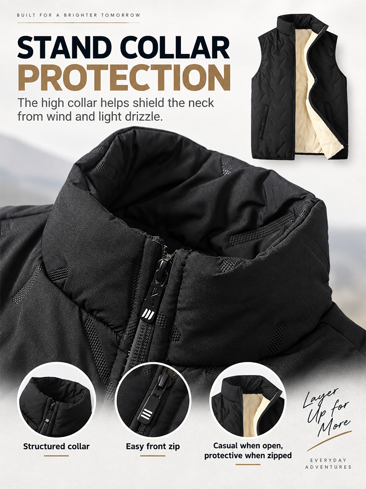 Men’s Fleece-Lined Winter Gilet – Lamb Wool, Stand-Up Collar, Ultrasonic Stitching, Regular Fit Layering, Warm Sleeveless Waistcoat for Autumn/Winter---Buy 2 Get 15% Off & Free Shipping!