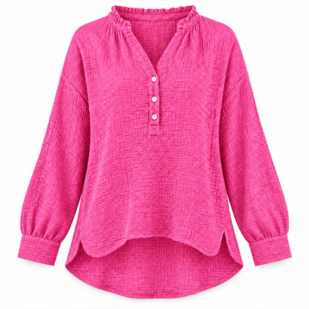 Women’s Oversized V-Neck Blouse – 100% Cotton, Button Front, Textured, Long Sleeve, Loose Fit for Spring/Autumn---Buy 2 Get 15% Off & Free Shipping!