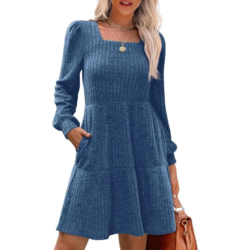 Women’s Square Neck Babydoll Sweater Dress – Lantern Sleeves, Flattering A-Line Fit, Soft Stretchy Knit, Winter & Christmas Dress---Buy 2 Get 10% Off & Free Shipping!