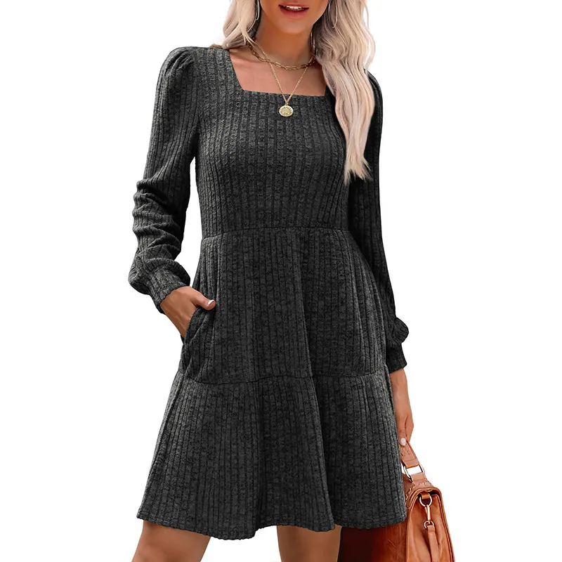Women’s Square Neck Babydoll Sweater Dress – Lantern Sleeves, Flattering A-Line Fit, Soft Stretchy Knit, Winter & Christmas Dress---Buy 2 Get 10% Off & Free Shipping!