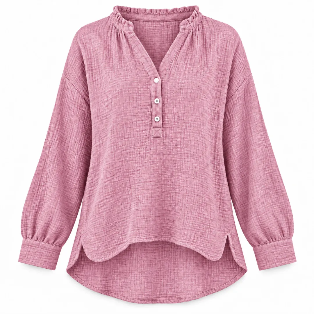 Women’s Oversized V-Neck Blouse – 100% Cotton, Button Front, Textured, Long Sleeve, Loose Fit for Spring/Autumn---Buy 2 Get 15% Off & Free Shipping!