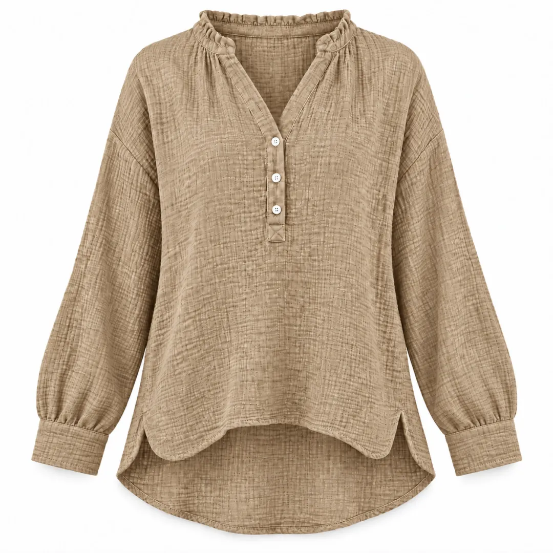 Women’s Oversized V-Neck Blouse – 100% Cotton, Button Front, Textured, Long Sleeve, Loose Fit for Spring/Autumn---Buy 2 Get 15% Off & Free Shipping!