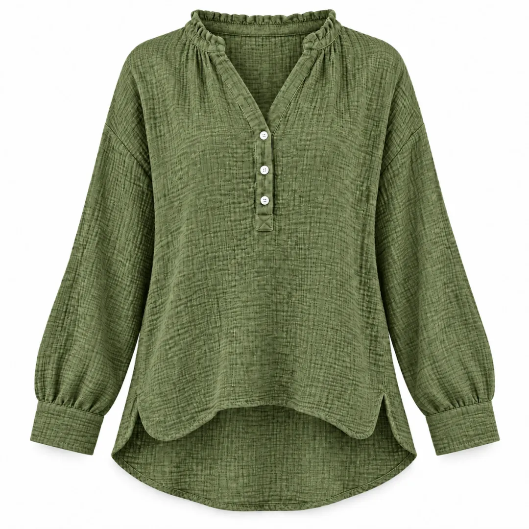 Women’s Oversized V-Neck Blouse – 100% Cotton, Button Front, Textured, Long Sleeve, Loose Fit for Spring/Autumn---Buy 2 Get 15% Off & Free Shipping!