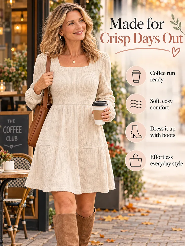 Women’s Square Neck Babydoll Sweater Dress – Lantern Sleeves, Flattering A-Line Fit, Soft Stretchy Knit, Winter & Christmas Dress---Buy 2 Get 10% Off & Free Shipping!