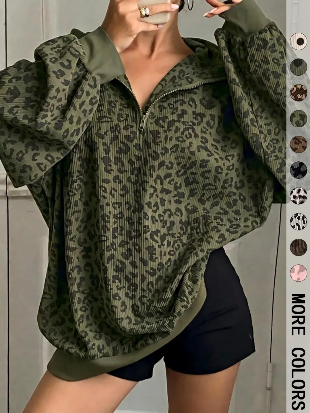 Women’s Leopard Print Half-Zip Sweatshirt – Oversized Drop Shoulder Pullover with Contrast Cuffs for Autumn/Winter---Buy 2 Get 10% Off & Free Shipping! Women’s Leopard Print Half-Zip Sweatshirt – Oversized Drop Shoulder Pullover with Contrast Cuffs for Au