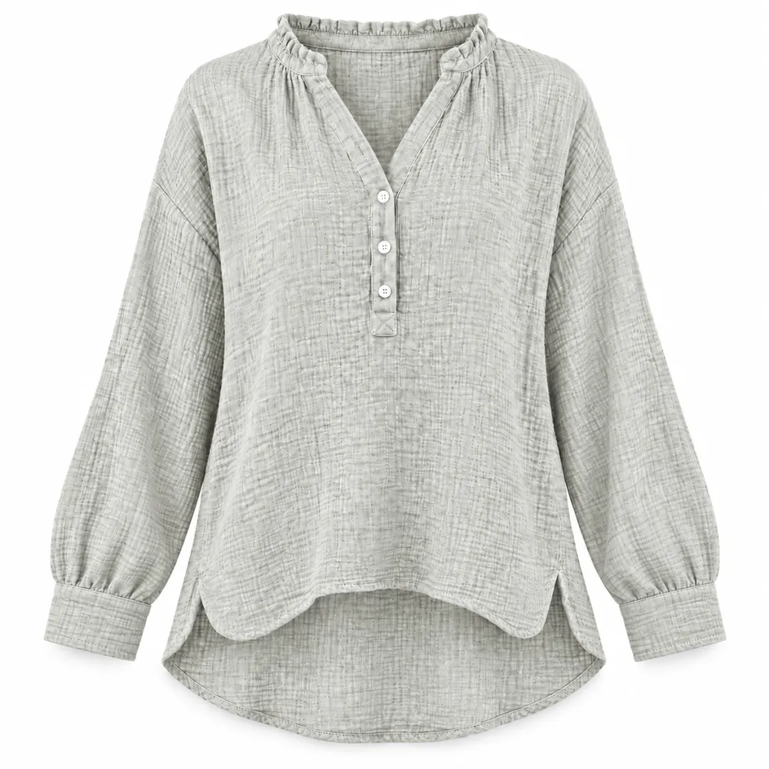 Women’s Oversized V-Neck Blouse – 100% Cotton, Button Front, Textured, Long Sleeve, Loose Fit for Spring/Autumn---Buy 2 Get 15% Off & Free Shipping!