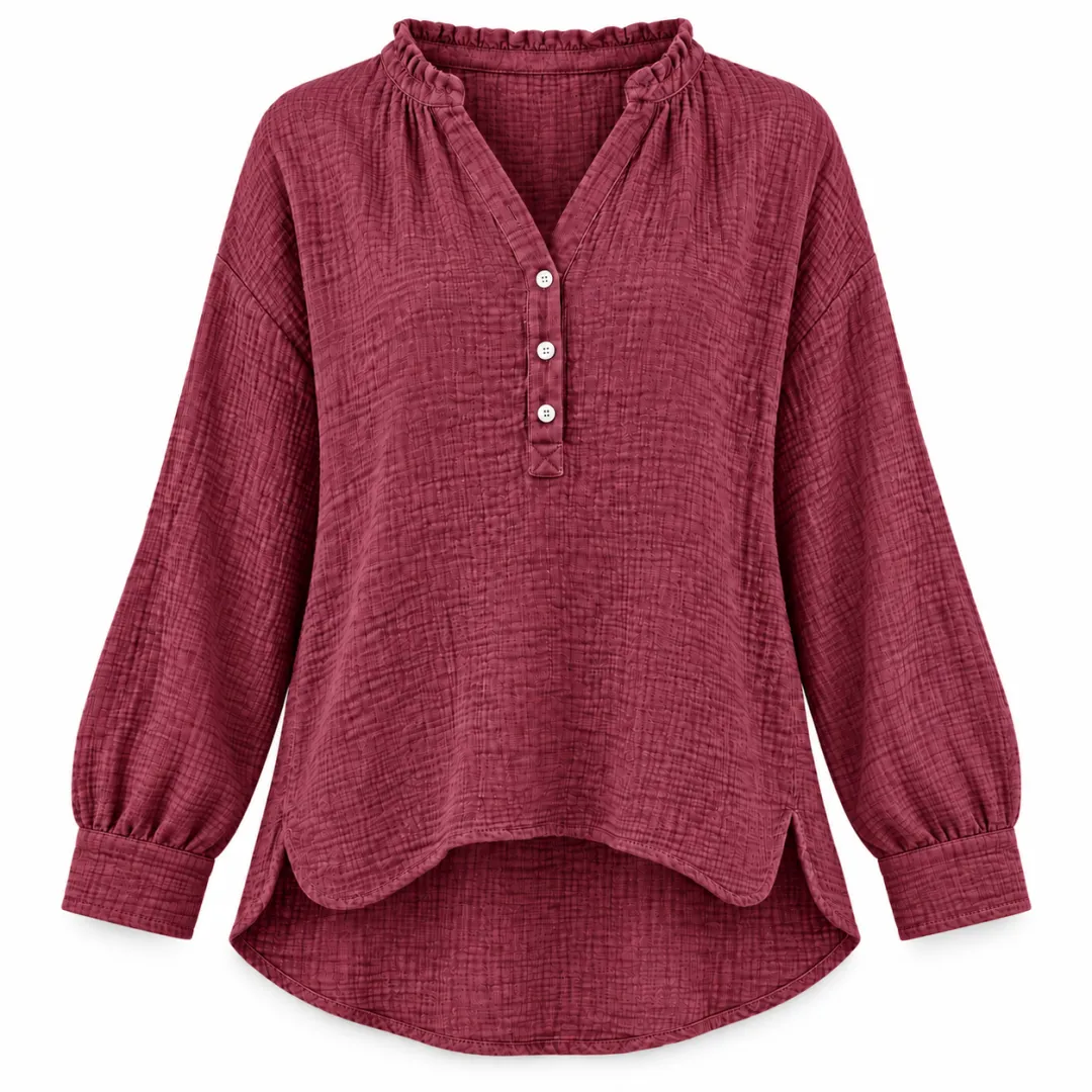 Women’s Oversized V-Neck Blouse – 100% Cotton, Button Front, Textured, Long Sleeve, Loose Fit for Spring/Autumn---Buy 2 Get 15% Off & Free Shipping!