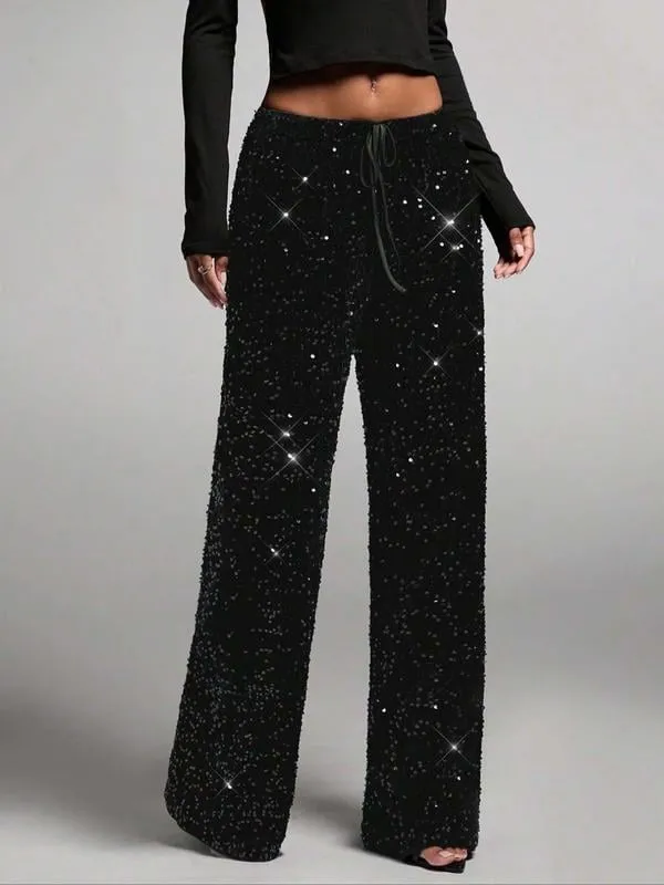 Women’s Sequin Wide-Leg Trousers – High Waist, Drawstring, Relaxed Fit, Sparkly Party Pants---Buy 2 Get 15% Off & Free Shipping!