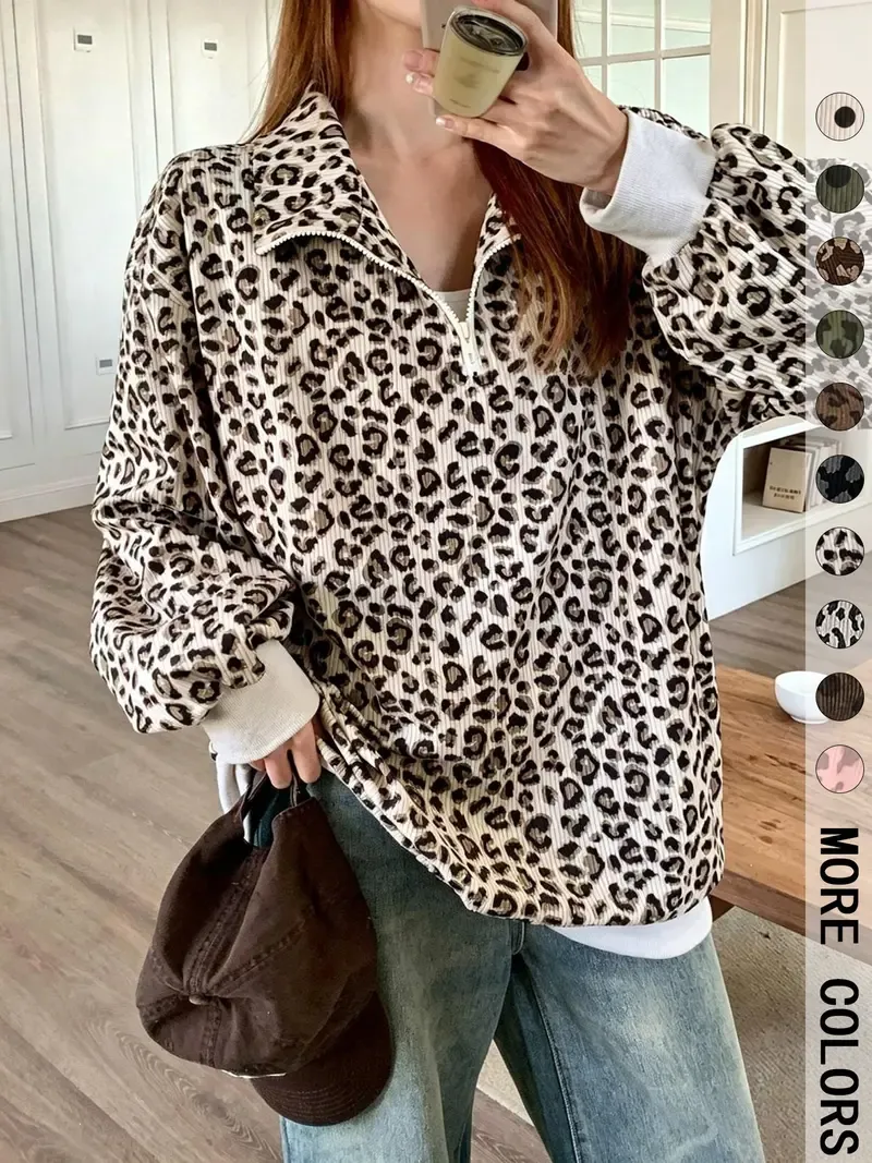 Women’s Leopard Print Half-Zip Sweatshirt – Oversized Drop Shoulder Pullover with Contrast Cuffs for Autumn/Winter---Buy 2 Get 10% Off & Free Shipping! Women’s Leopard Print Half-Zip Sweatshirt – Oversized Drop Shoulder Pullover with Contrast Cuffs for Au