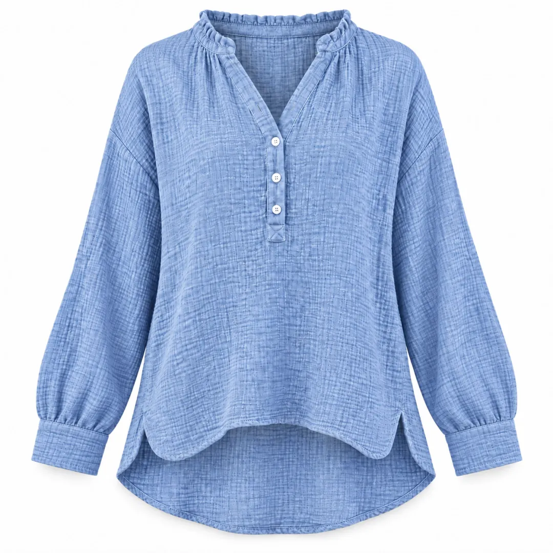 Women’s Oversized V-Neck Blouse – 100% Cotton, Button Front, Textured, Long Sleeve, Loose Fit for Spring/Autumn---Buy 2 Get 15% Off & Free Shipping!