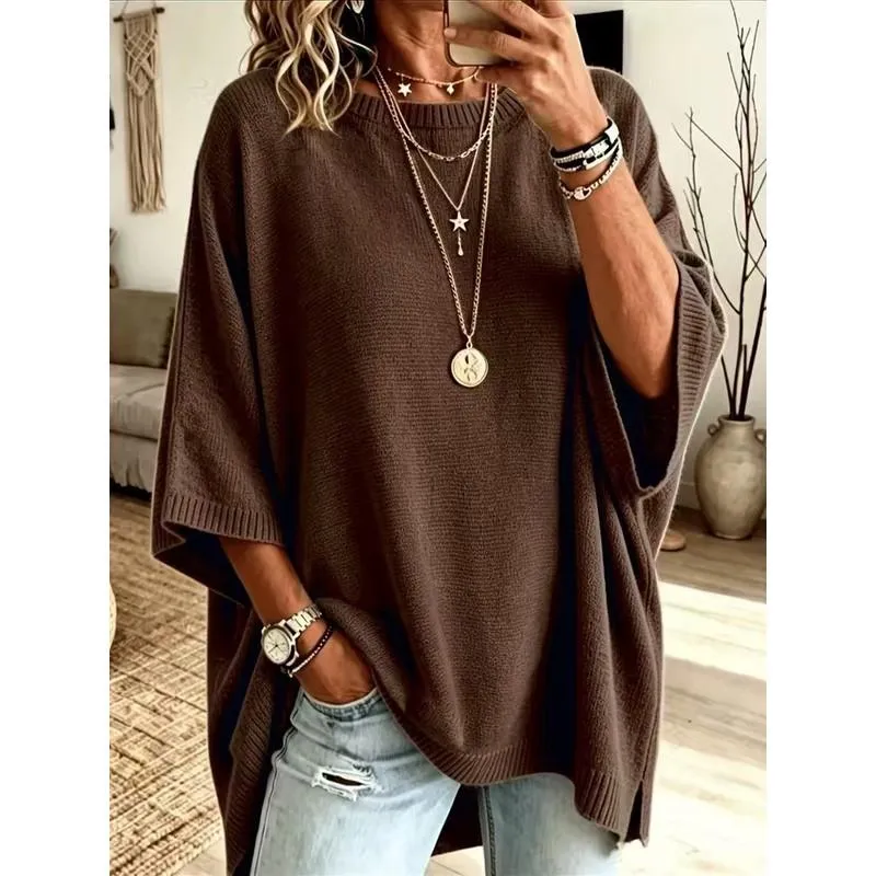 Women’s Oversized Knitted Jumper – Round Neck, Loose Fit Solid Colour Pullover for Autumn/Winter Layering---Buy 2 Get 10% Off & Free Shipping!