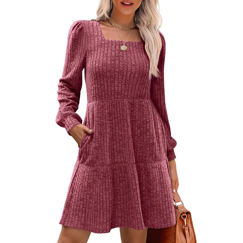 Women’s Square Neck Babydoll Sweater Dress – Lantern Sleeves, Flattering A-Line Fit, Soft Stretchy Knit, Winter & Christmas Dress---Buy 2 Get 10% Off & Free Shipping!