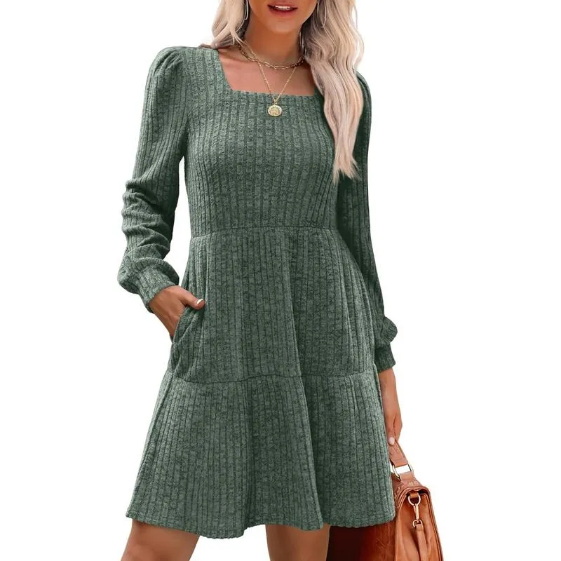 Women’s Square Neck Babydoll Sweater Dress – Lantern Sleeves, Flattering A-Line Fit, Soft Stretchy Knit, Winter & Christmas Dress---Buy 2 Get 10% Off & Free Shipping!