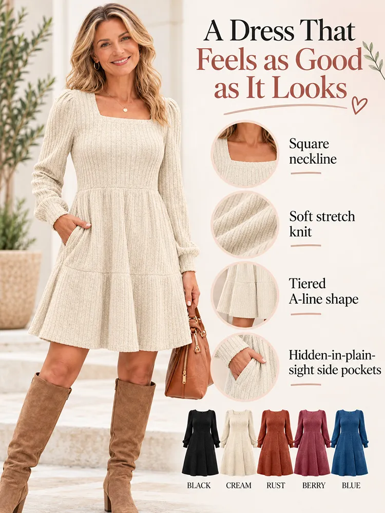 Women’s Square Neck Babydoll Sweater Dress – Lantern Sleeves, Flattering A-Line Fit, Soft Stretchy Knit, Winter & Christmas Dress---Buy 2 Get 10% Off & Free Shipping!