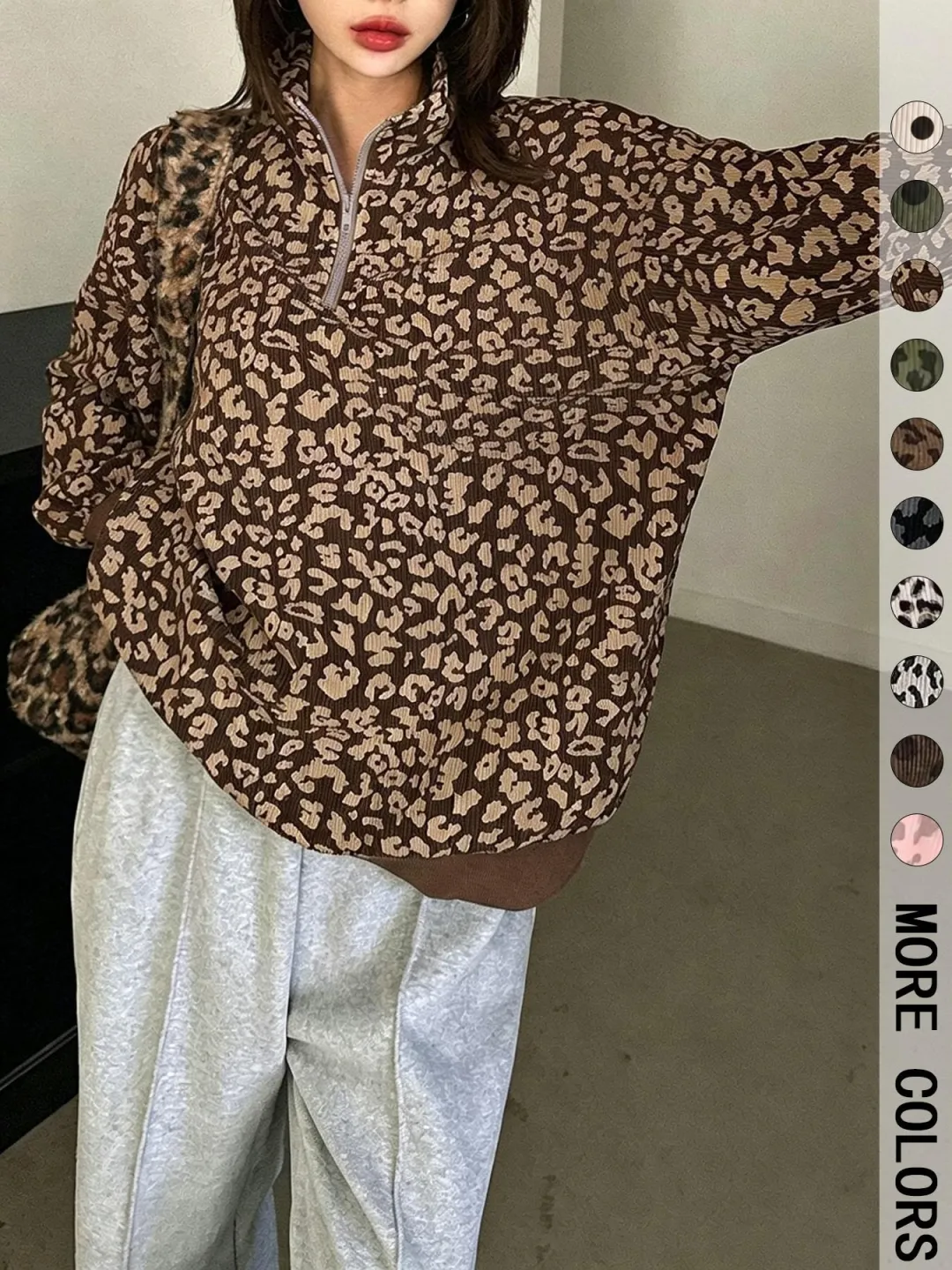 Women’s Leopard Print Half-Zip Sweatshirt – Oversized Drop Shoulder Pullover with Contrast Cuffs for Autumn/Winter---Buy 2 Get 10% Off & Free Shipping! Women’s Leopard Print Half-Zip Sweatshirt – Oversized Drop Shoulder Pullover with Contrast Cuffs for Au