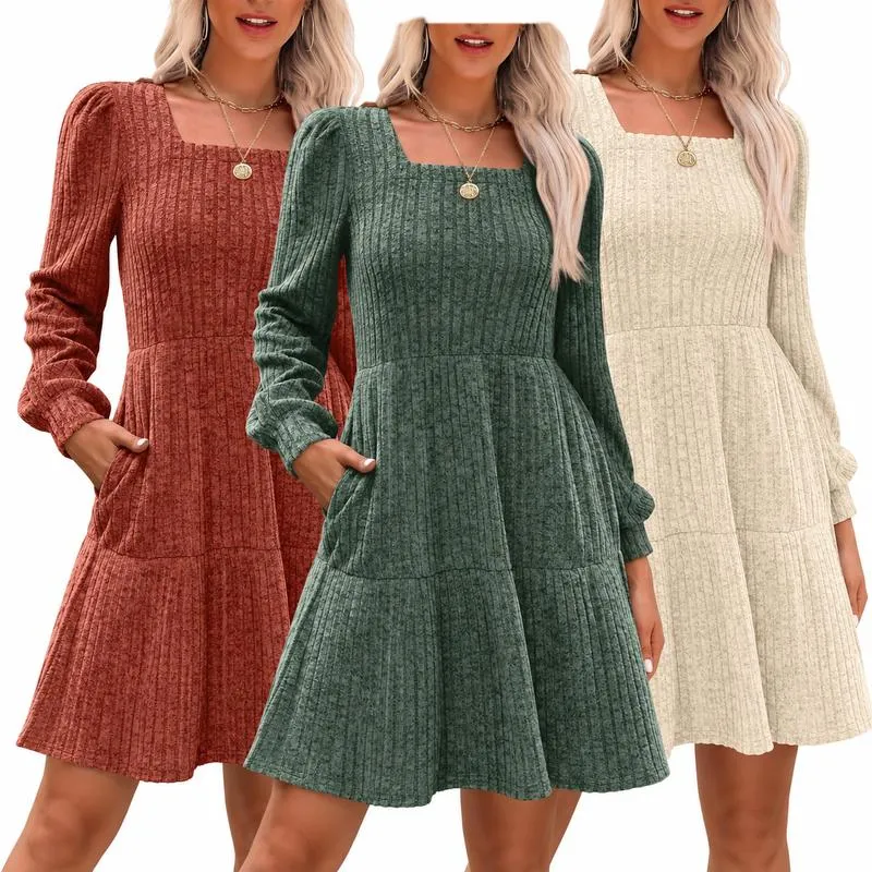 Women’s Square Neck Babydoll Sweater Dress – Lantern Sleeves, Flattering A-Line Fit, Soft Stretchy Knit, Winter & Christmas Dress---Buy 2 Get 10% Off & Free Shipping!