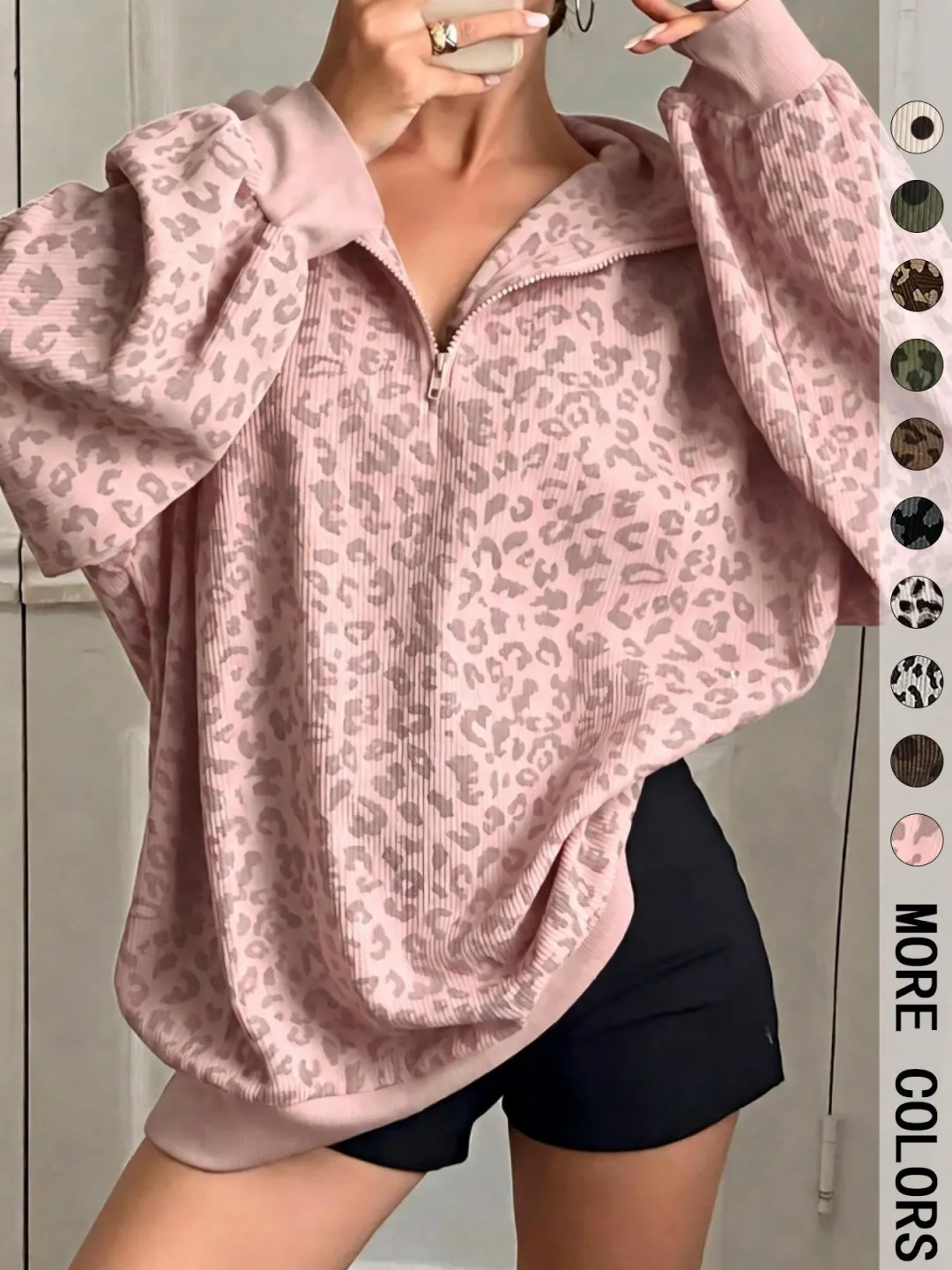 Women’s Leopard Print Half-Zip Sweatshirt – Oversized Drop Shoulder Pullover with Contrast Cuffs for Autumn/Winter---Buy 2 Get 10% Off & Free Shipping! Women’s Leopard Print Half-Zip Sweatshirt – Oversized Drop Shoulder Pullover with Contrast Cuffs for Au