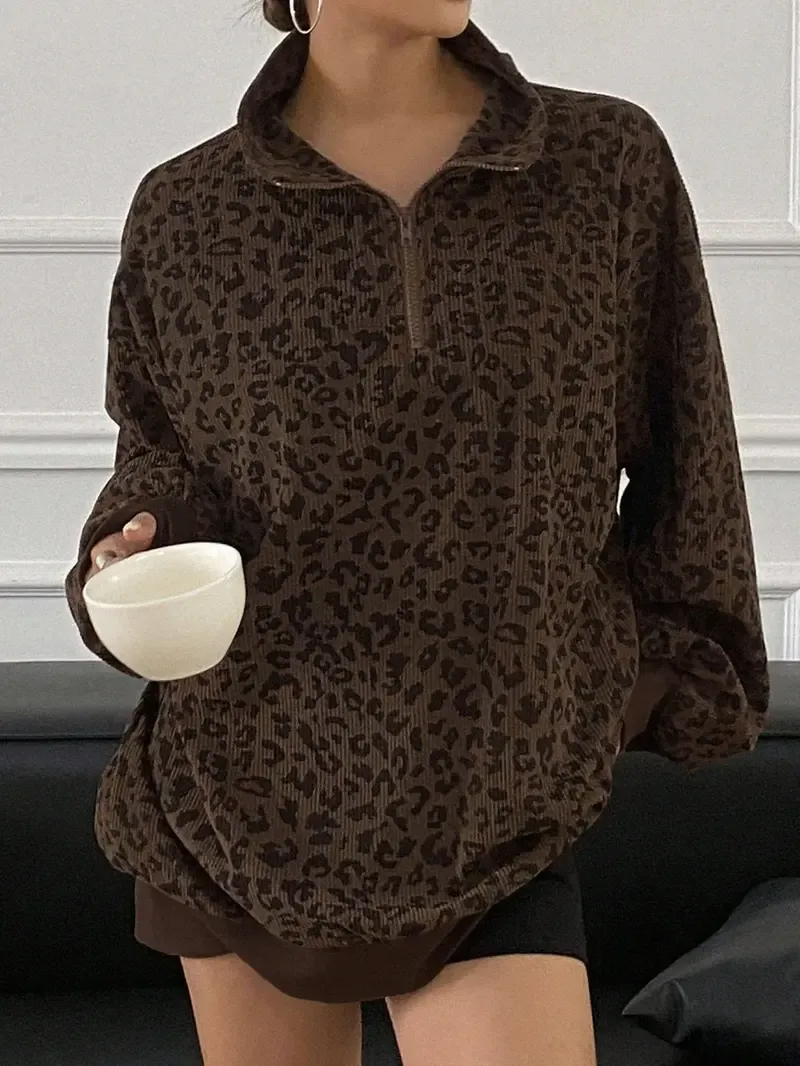 Women’s Leopard Print Half-Zip Sweatshirt – Oversized Drop Shoulder Pullover with Contrast Cuffs for Autumn/Winter---Buy 2 Get 10% Off & Free Shipping! Women’s Leopard Print Half-Zip Sweatshirt – Oversized Drop Shoulder Pullover with Contrast Cuffs for Au