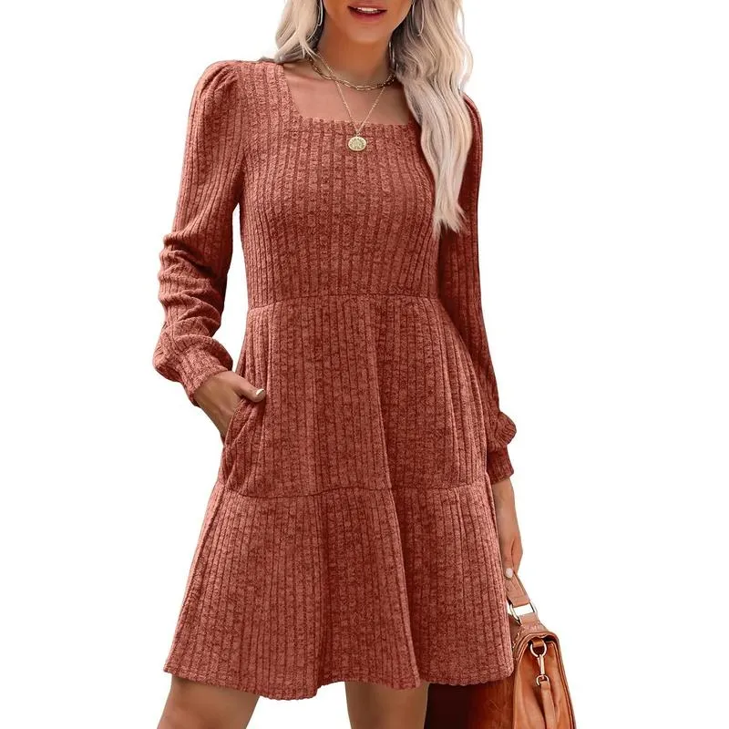 Women’s Square Neck Babydoll Sweater Dress – Lantern Sleeves, Flattering A-Line Fit, Soft Stretchy Knit, Winter & Christmas Dress---Buy 2 Get 10% Off & Free Shipping!