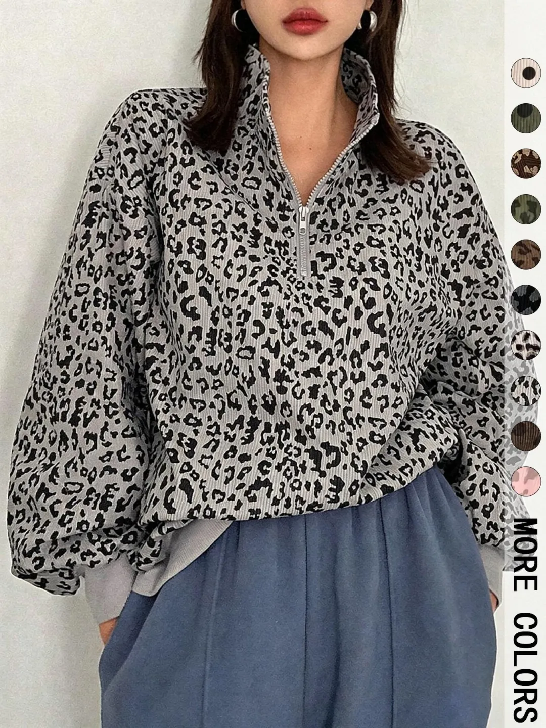 Women’s Leopard Print Half-Zip Sweatshirt – Oversized Drop Shoulder Pullover with Contrast Cuffs for Autumn/Winter---Buy 2 Get 10% Off & Free Shipping! Women’s Leopard Print Half-Zip Sweatshirt – Oversized Drop Shoulder Pullover with Contrast Cuffs for Au