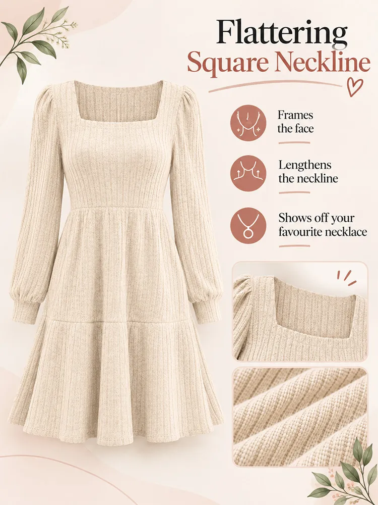 Women’s Square Neck Babydoll Sweater Dress – Lantern Sleeves, Flattering A-Line Fit, Soft Stretchy Knit, Winter & Christmas Dress---Buy 2 Get 10% Off & Free Shipping!