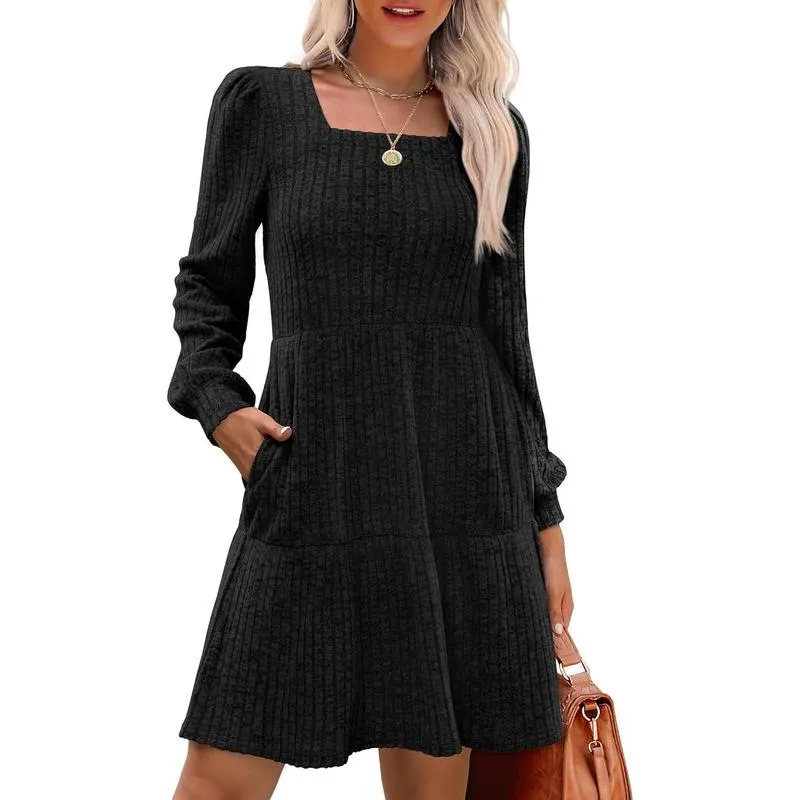 Women’s Square Neck Babydoll Sweater Dress – Lantern Sleeves, Flattering A-Line Fit, Soft Stretchy Knit, Winter & Christmas Dress---Buy 2 Get 10% Off & Free Shipping!