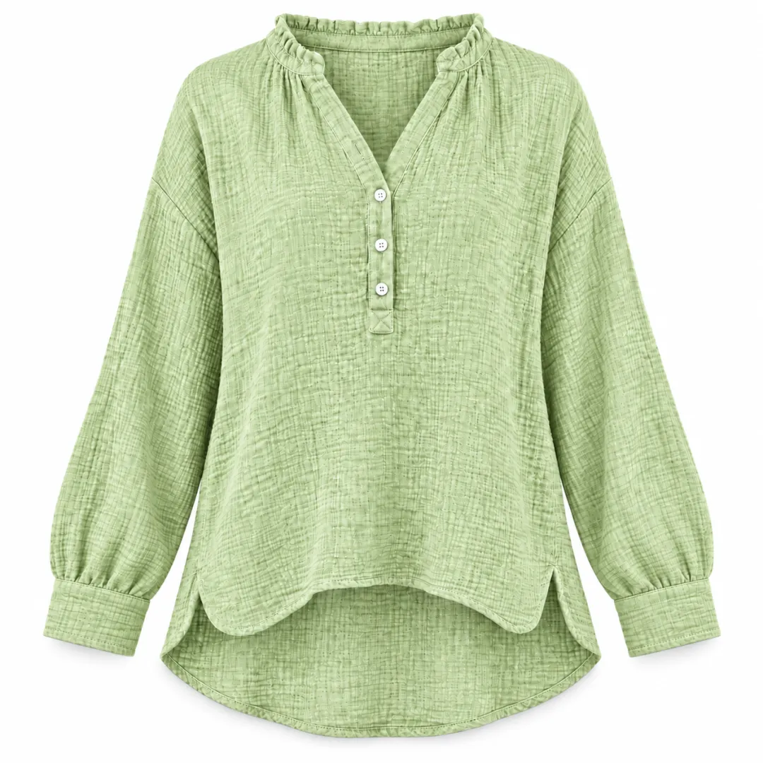 Women’s Oversized V-Neck Blouse – 100% Cotton, Button Front, Textured, Long Sleeve, Loose Fit for Spring/Autumn---Buy 2 Get 15% Off & Free Shipping!