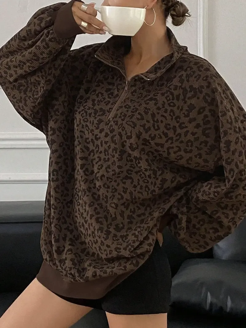 Women’s Leopard Print Half-Zip Sweatshirt – Oversized Drop Shoulder Pullover with Contrast Cuffs for Autumn/Winter---Buy 2 Get 10% Off & Free Shipping! Women’s Leopard Print Half-Zip Sweatshirt – Oversized Drop Shoulder Pullover with Contrast Cuffs for Au