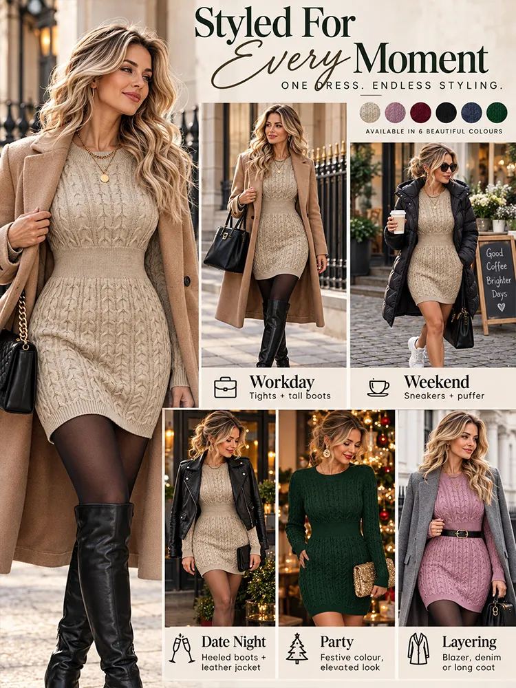 Women’s Cable Knit Bodycon Jumper Dress – Round Neck, Long Sleeve, Fitted Mini for Autumn/Winter---Buy 2 Get 10% Off & Free Shipping!