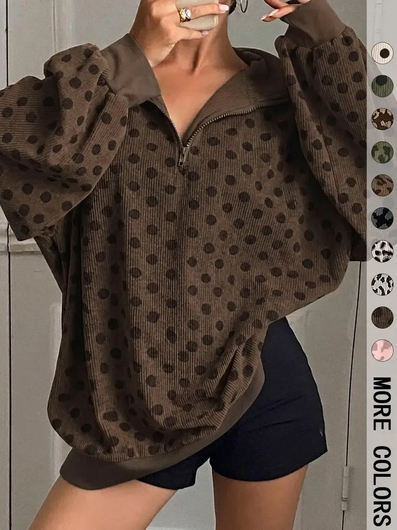 Women’s Leopard Print Half-Zip Sweatshirt – Oversized Drop Shoulder Pullover with Contrast Cuffs for Autumn/Winter---Buy 2 Get 10% Off & Free Shipping! Women’s Leopard Print Half-Zip Sweatshirt – Oversized Drop Shoulder Pullover with Contrast Cuffs for Au