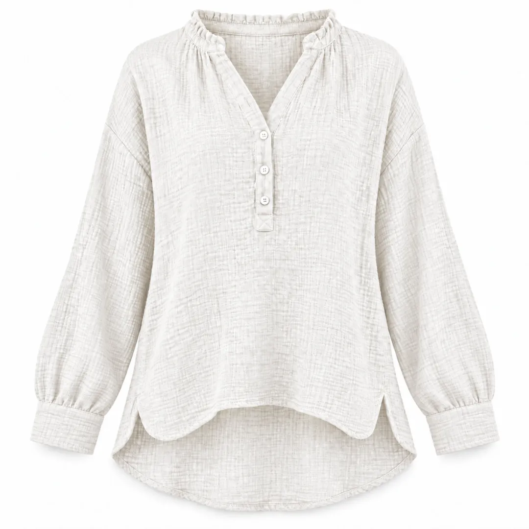 Women’s Oversized V-Neck Blouse – 100% Cotton, Button Front, Textured, Long Sleeve, Loose Fit for Spring/Autumn---Buy 2 Get 15% Off & Free Shipping!