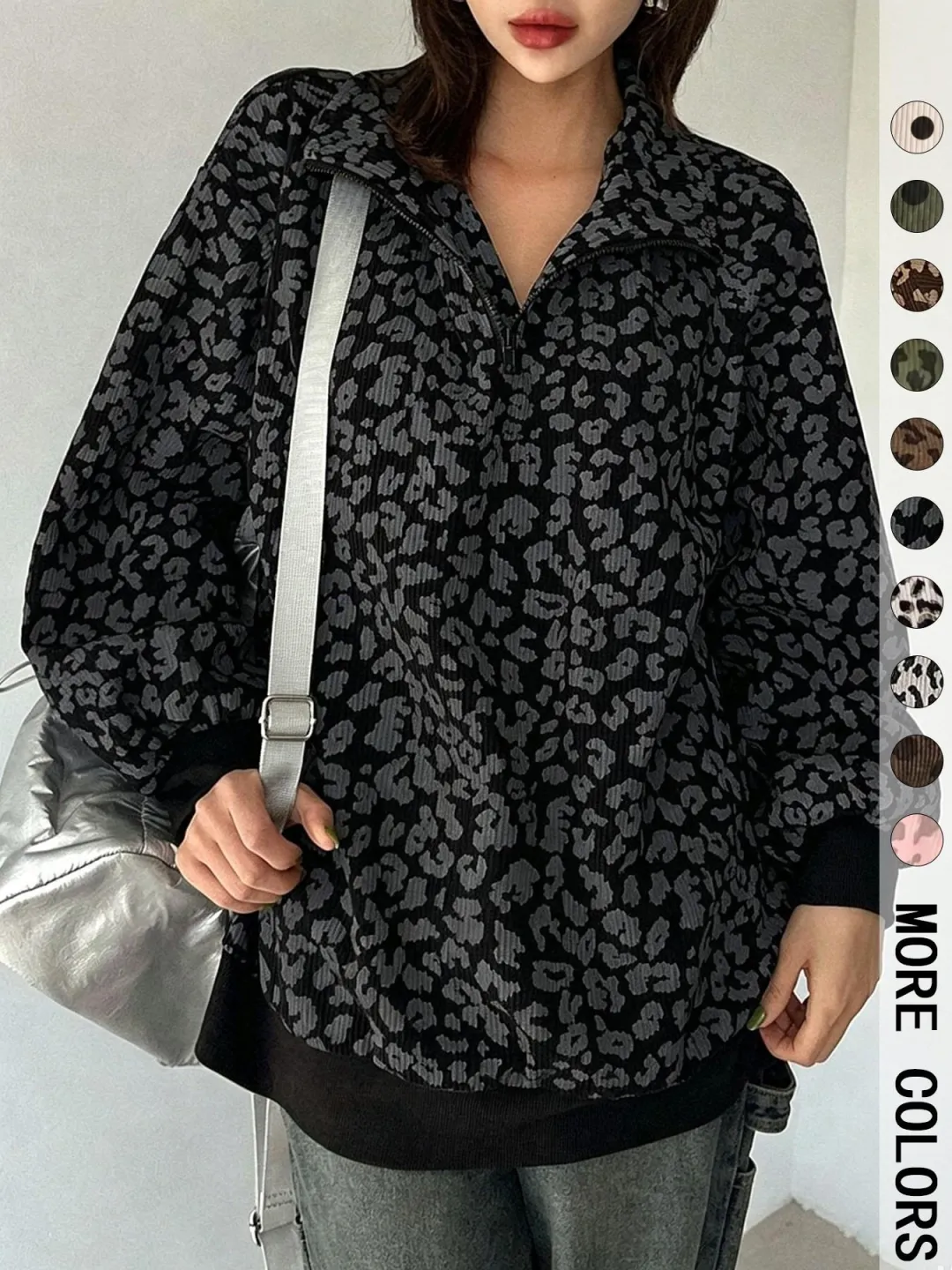 Women’s Leopard Print Half-Zip Sweatshirt – Oversized Drop Shoulder Pullover with Contrast Cuffs for Autumn/Winter---Buy 2 Get 10% Off & Free Shipping! Women’s Leopard Print Half-Zip Sweatshirt – Oversized Drop Shoulder Pullover with Contrast Cuffs for Au