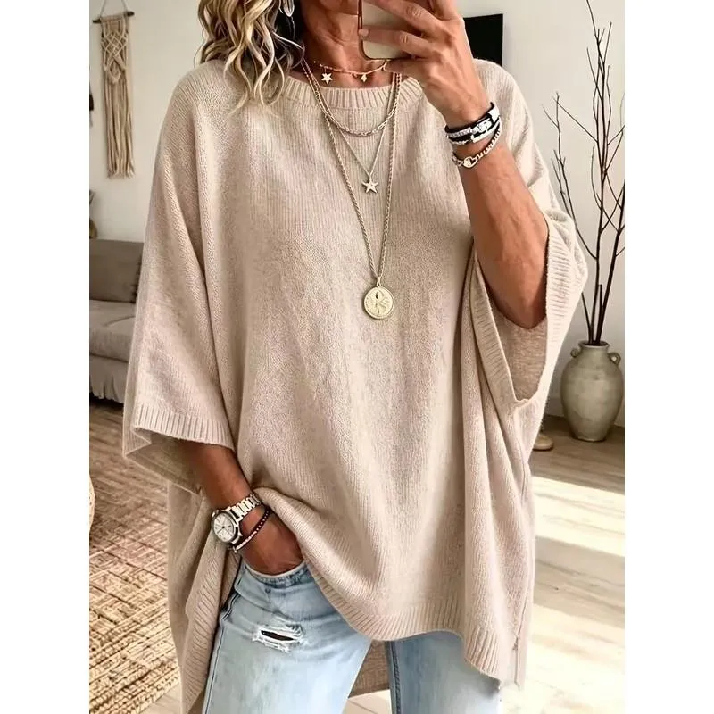 Women’s Oversized Knitted Jumper – Round Neck, Loose Fit Solid Colour Pullover for Autumn/Winter Layering---Buy 2 Get 10% Off & Free Shipping!