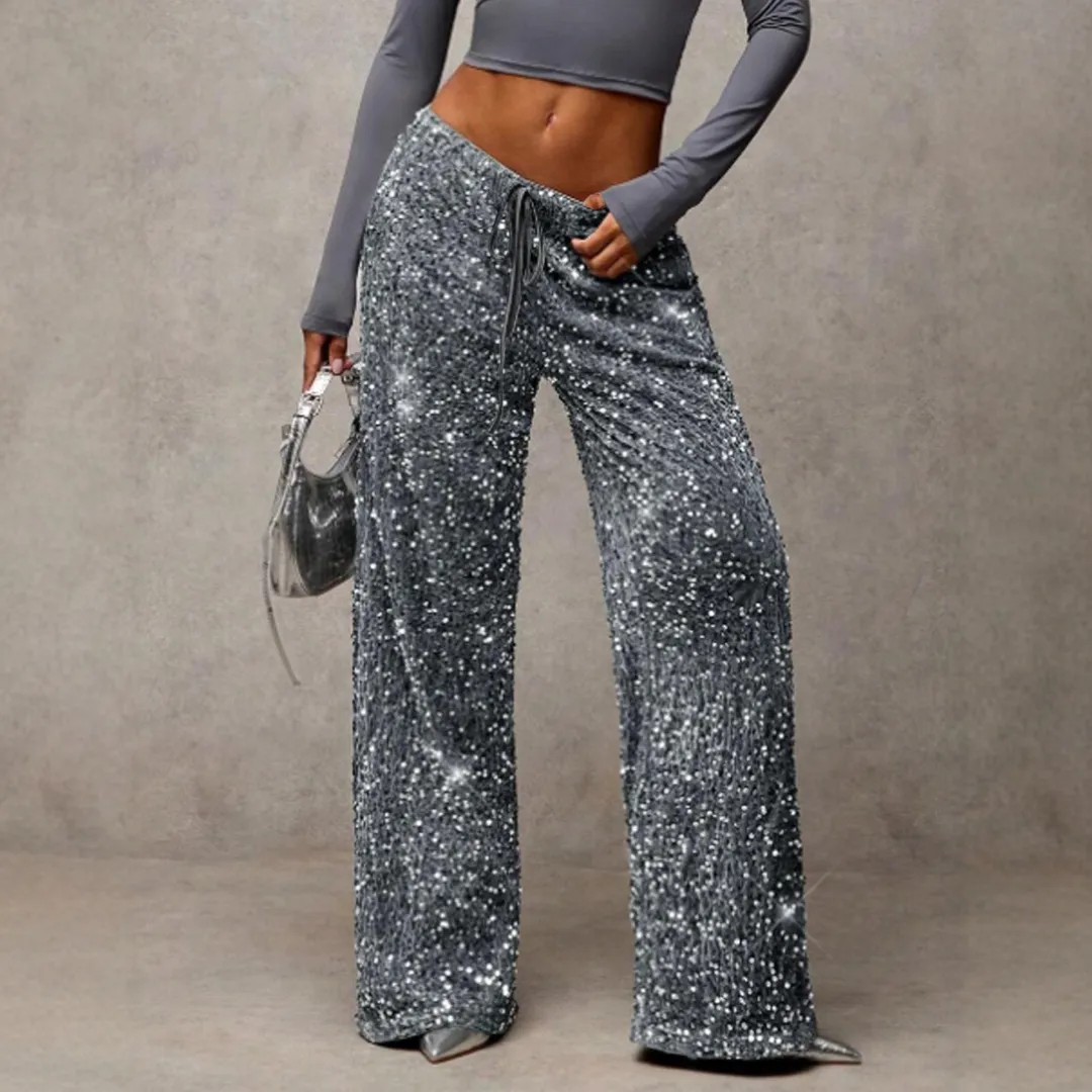 Women’s Sequin Wide-Leg Trousers – High Waist, Drawstring, Relaxed Fit, Sparkly Party Pants---Buy 2 Get 15% Off & Free Shipping!