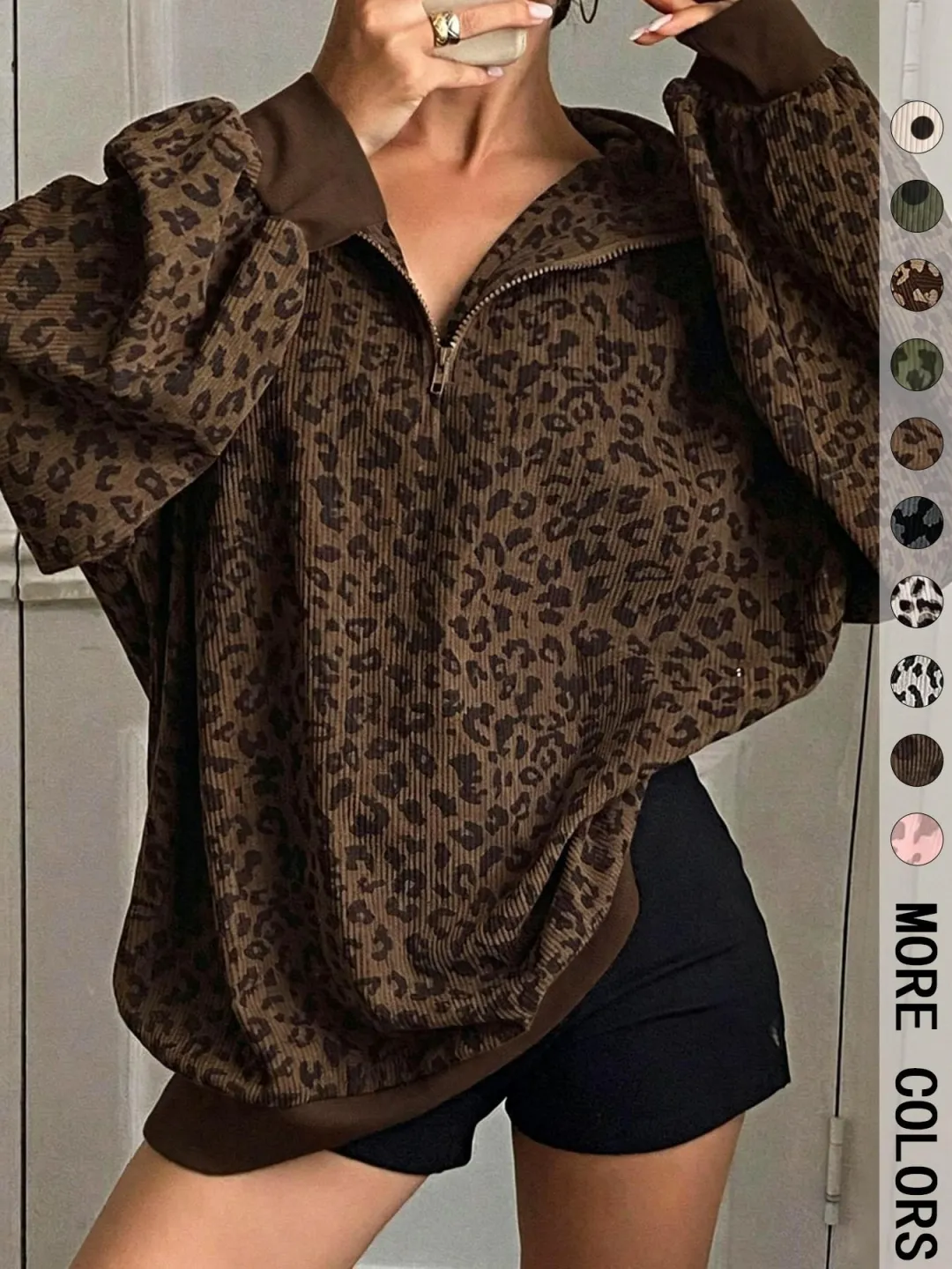 Women’s Leopard Print Half-Zip Sweatshirt – Oversized Drop Shoulder Pullover with Contrast Cuffs for Autumn/Winter---Buy 2 Get 10% Off & Free Shipping! Women’s Leopard Print Half-Zip Sweatshirt – Oversized Drop Shoulder Pullover with Contrast Cuffs for Au