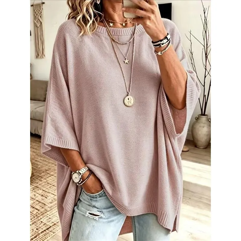 Women’s Oversized Knitted Jumper – Round Neck, Loose Fit Solid Colour Pullover for Autumn/Winter Layering---Buy 2 Get 10% Off & Free Shipping!