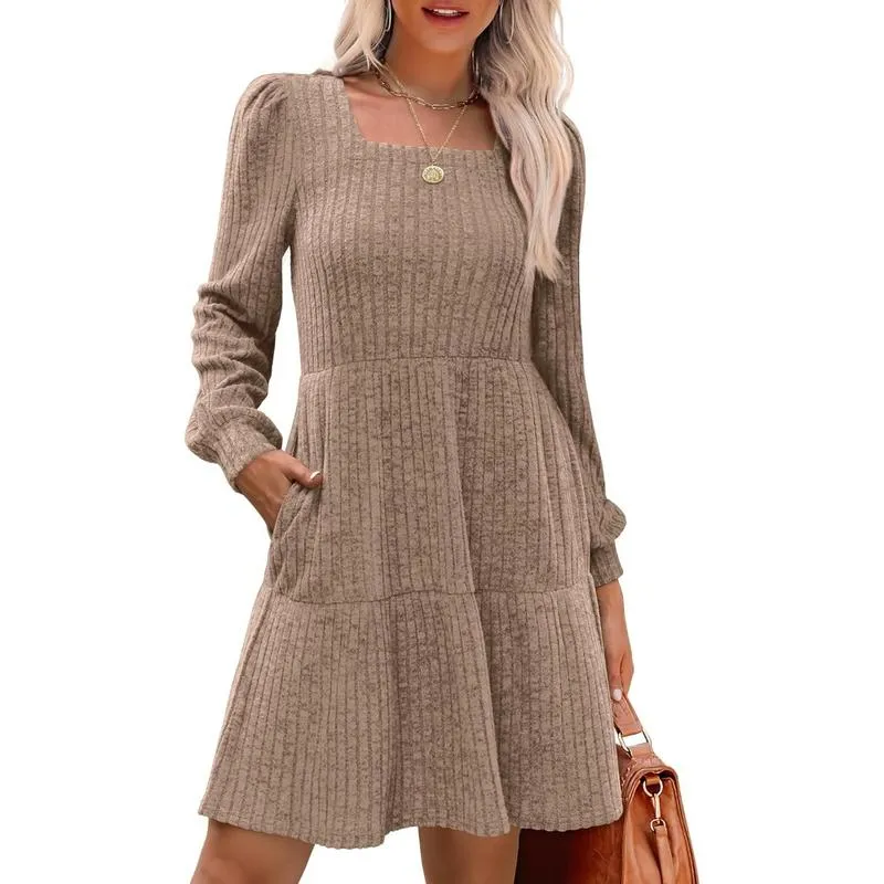 Women’s Square Neck Babydoll Sweater Dress – Lantern Sleeves, Flattering A-Line Fit, Soft Stretchy Knit, Winter & Christmas Dress---Buy 2 Get 10% Off & Free Shipping!