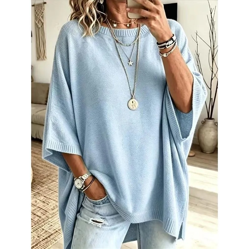 Women’s Oversized Knitted Jumper – Round Neck, Loose Fit Solid Colour Pullover for Autumn/Winter Layering---Buy 2 Get 10% Off & Free Shipping!