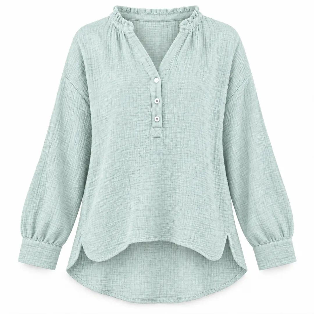 Women’s Oversized V-Neck Blouse – 100% Cotton, Button Front, Textured, Long Sleeve, Loose Fit for Spring/Autumn---Buy 2 Get 15% Off & Free Shipping!