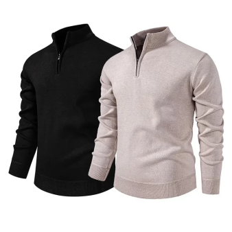 Men’s Half-Zip Fleece-Lined Sweater Set – Long Sleeve, Loose Fit, Solid Colour for Office & Parties, Autumn/Winter---Buy 2 Get 15% Off & Free Shipping!