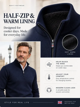 Men’s Half-Zip Fleece-Lined Sweater Set – Long Sleeve, Loose Fit, Solid Colour for Office & Parties, Autumn/Winter---Buy 2 Get 15% Off & Free Shipping!