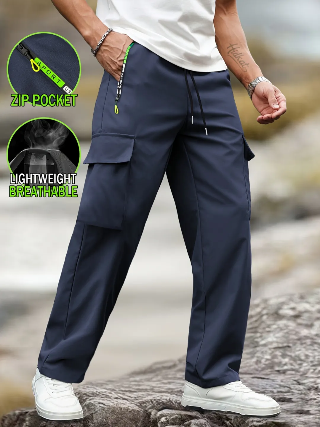 Men’s Plain Multi-Pocket Cargo Trousers – Non-Stretch Woven Fabric, Drawstring Waist, Cuffed Hem, Straight Leg, All-Season---Buy 2 Get 15% Off & Free Shipping!