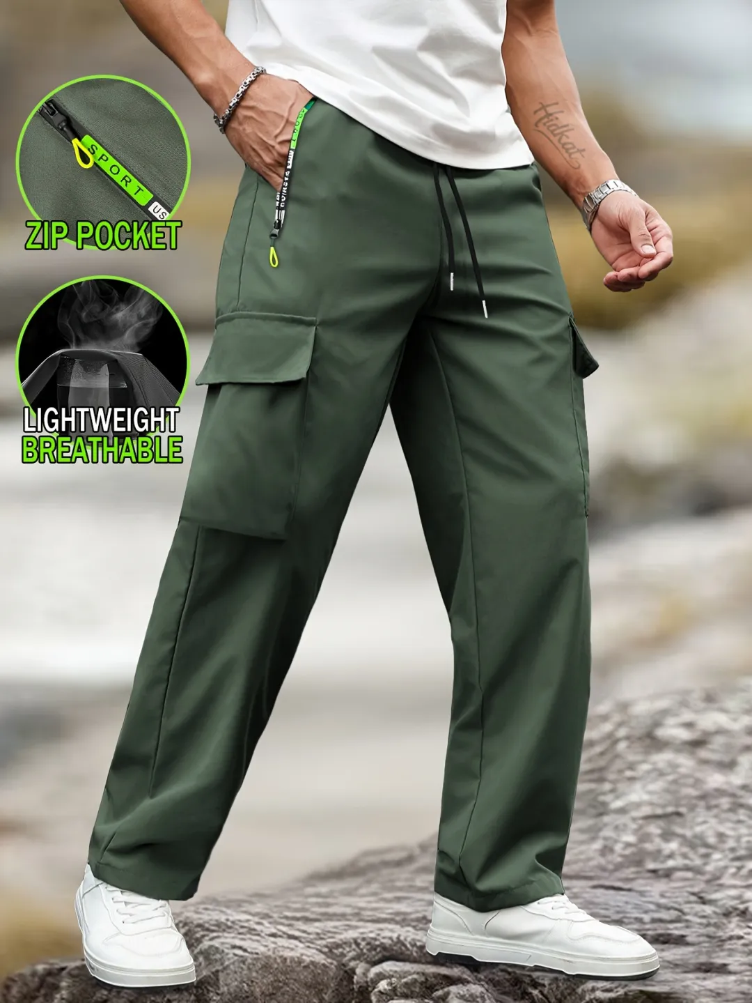 Men’s Plain Multi-Pocket Cargo Trousers – Non-Stretch Woven Fabric, Drawstring Waist, Cuffed Hem, Straight Leg, All-Season---Buy 2 Get 15% Off & Free Shipping!