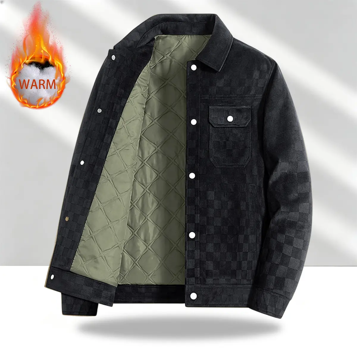 Men’s black patterned long-sleeve jacket — menswear, men’s clothing, featuring a front flap pocket and button closure, a stylish and practical top suitable for autumn.