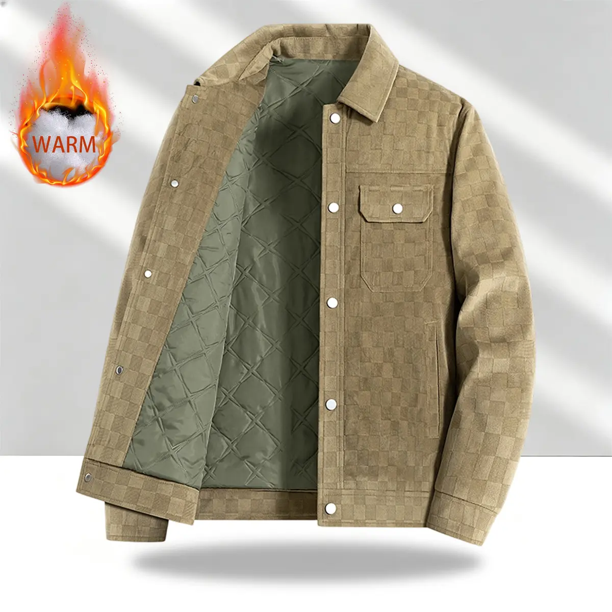Men’s black patterned long-sleeve jacket — menswear, men’s clothing, featuring a front flap pocket and button closure, a stylish and practical top suitable for autumn.