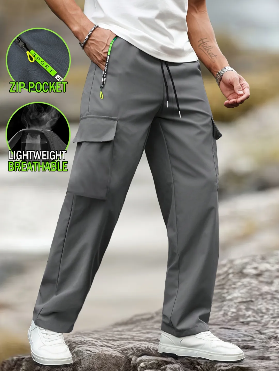 Men’s Plain Multi-Pocket Cargo Trousers – Non-Stretch Woven Fabric, Drawstring Waist, Cuffed Hem, Straight Leg, All-Season---Buy 2 Get 15% Off & Free Shipping!